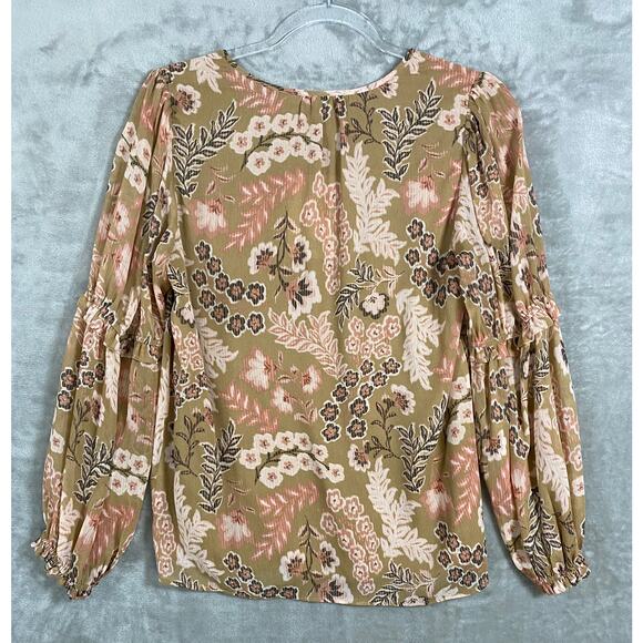 NEW Women's Small Brown and Pink Ruffle Long Sleeve Floral V-Neck Blouse Top - Picture 3 of 8
